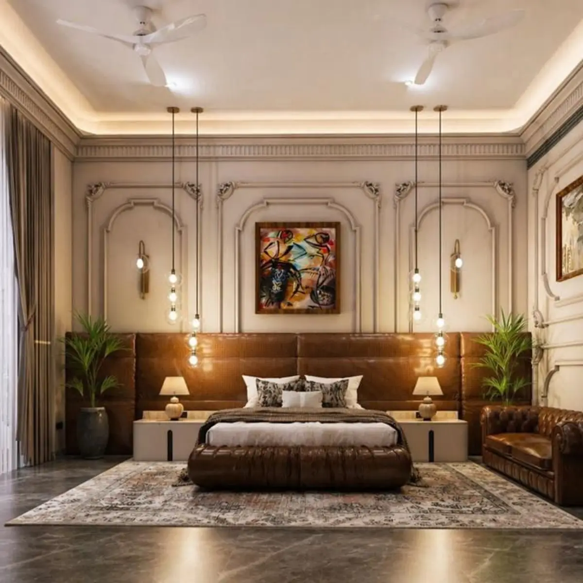 beige traditional master bedroom with moulding — real Indian home