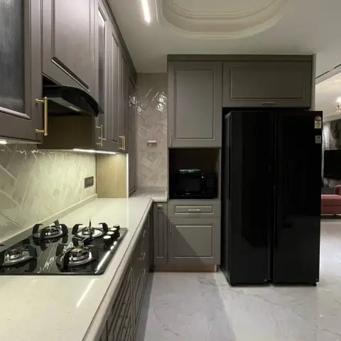 grey traditional kitchen with layout — real Indian home