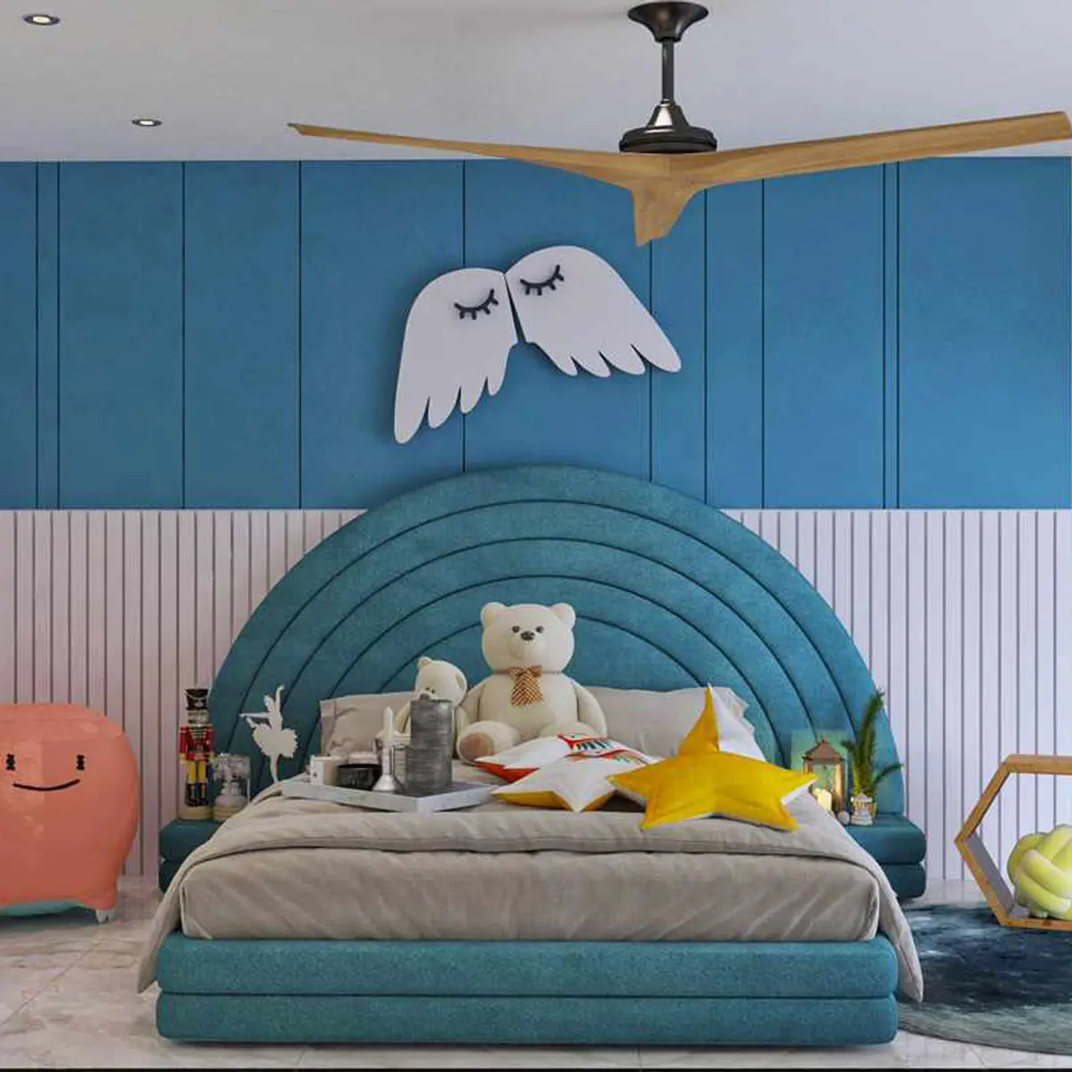 bold colour kids bedroom with panelling — real Indian home