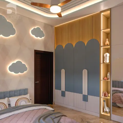 pastel scandinavian kids bedroom with wardrobe — real Indian home