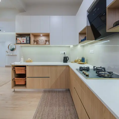 beige scandinavian kitchen with layout — real Indian home