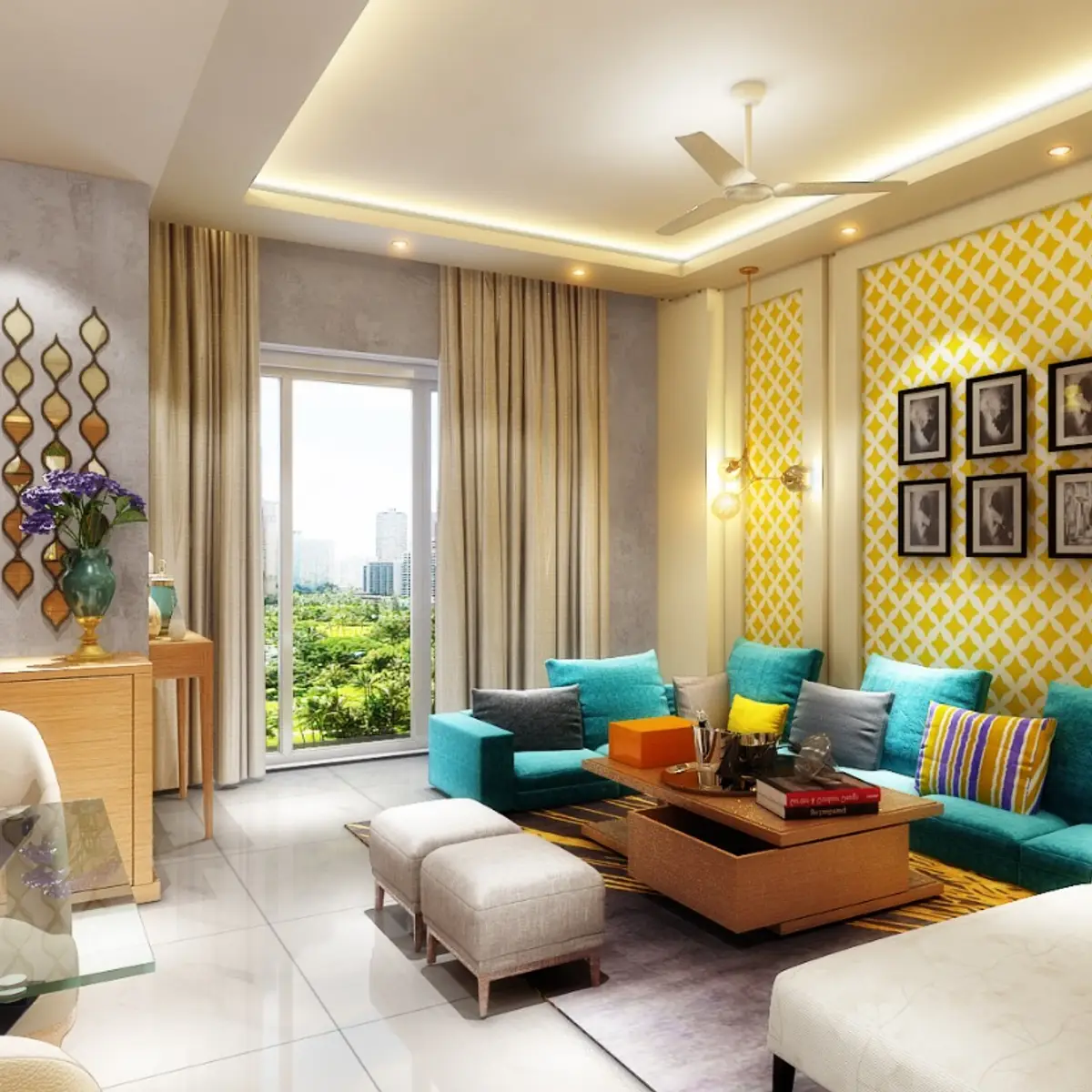 bold colour luxury living room with wallpaper — real Indian home
