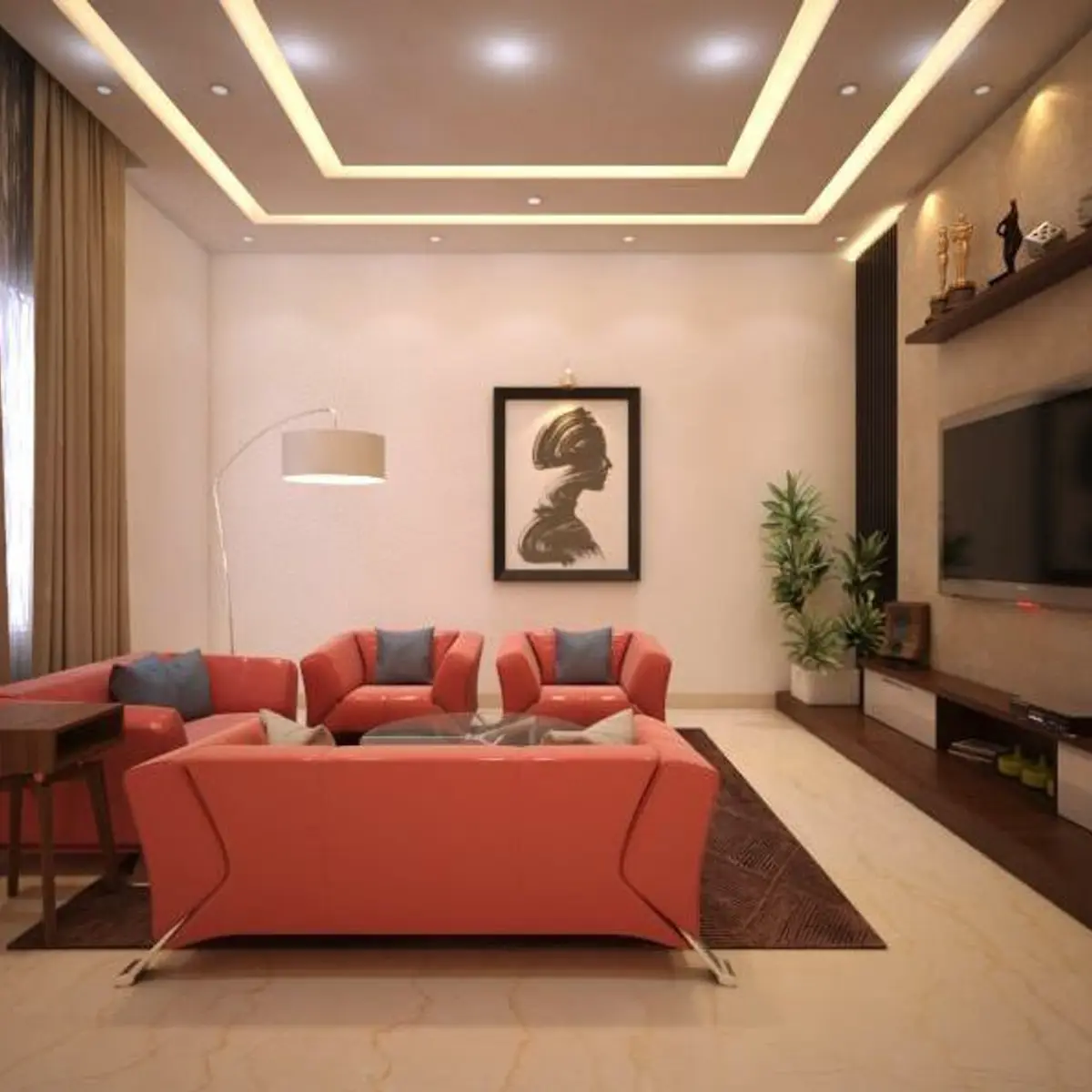 bold colour modern indian living room with cove — real Indian home