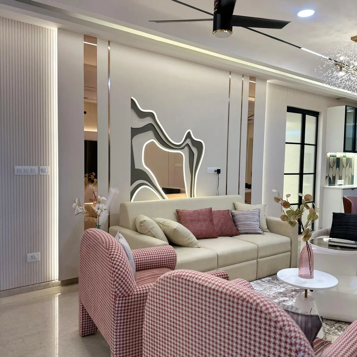 pastel modern indian living room with wall art — real Indian home