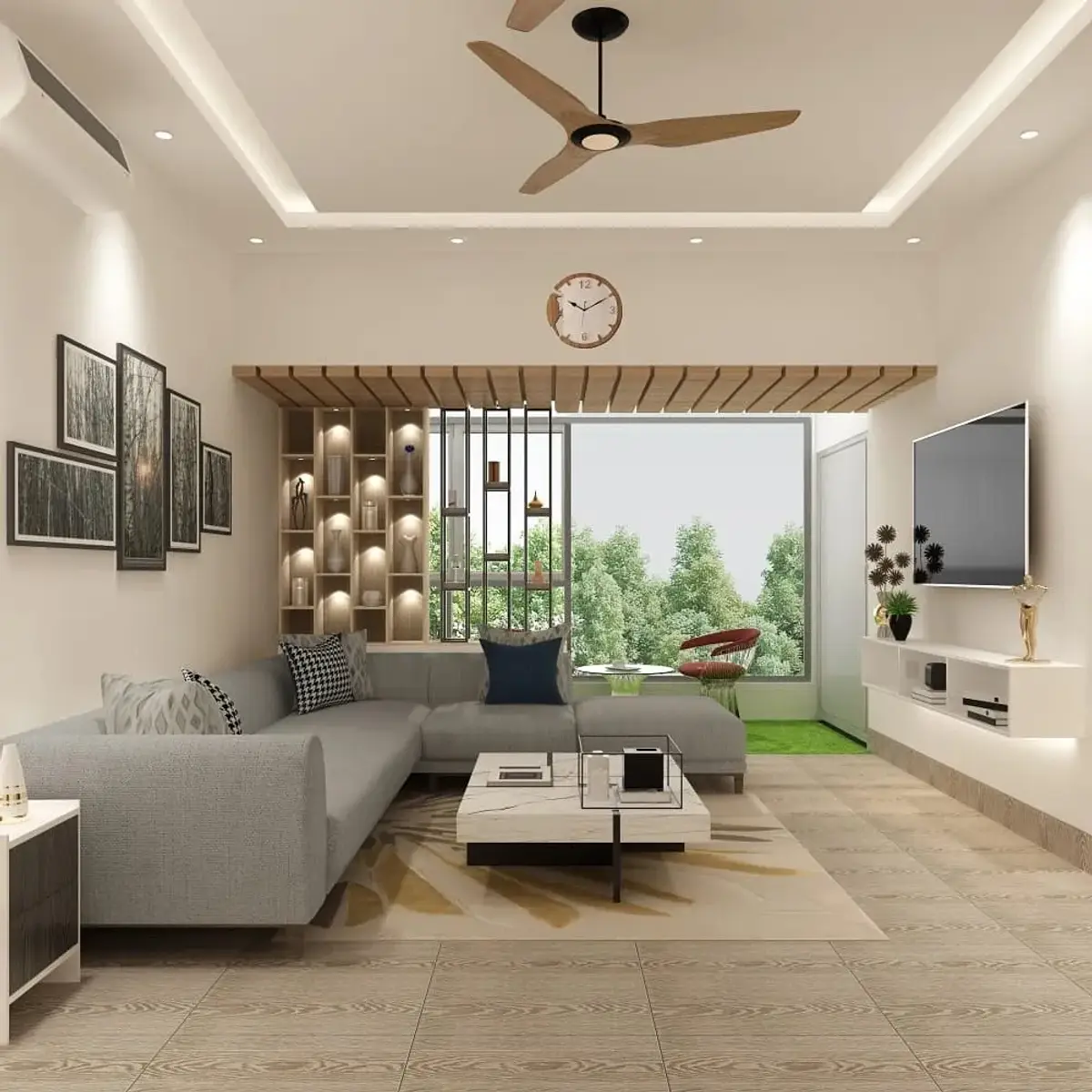 beige modern indian living room with false — real Indian home