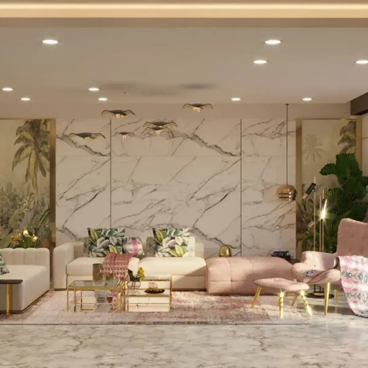 pastel luxury living room with cladding — real Indian home