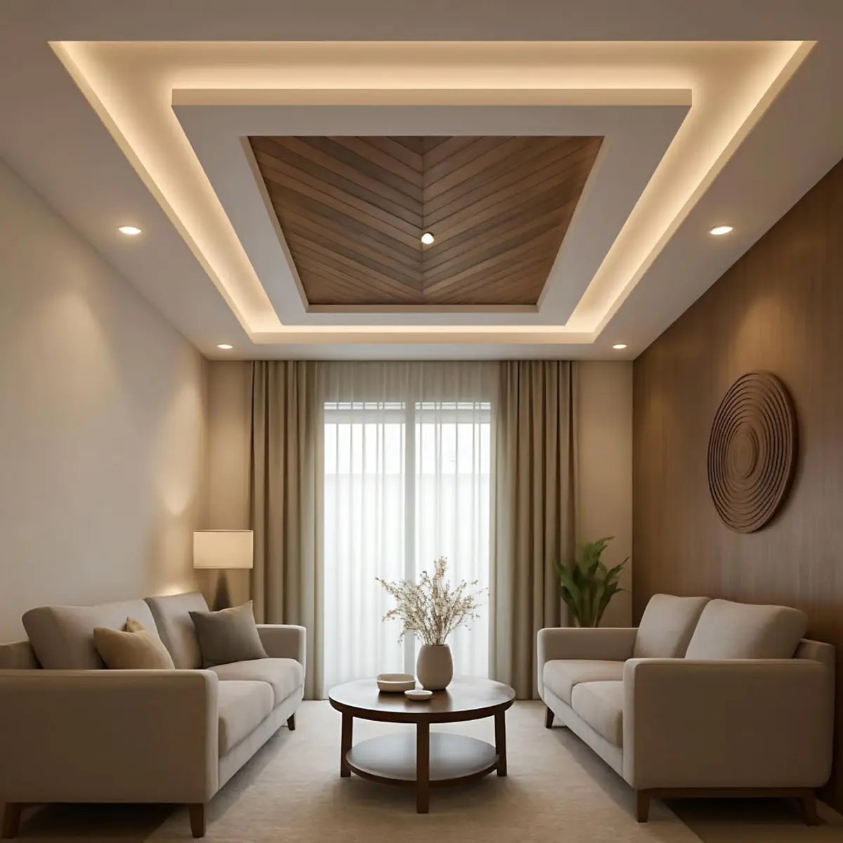 beige japandi living room with cove — real Indian home