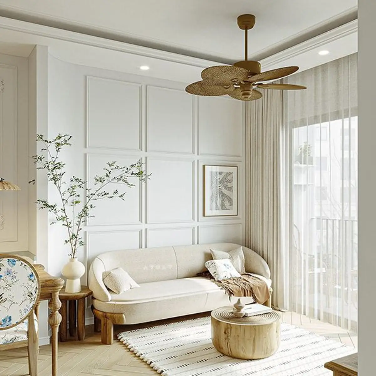 beige japandi living room with moulding — real Indian home