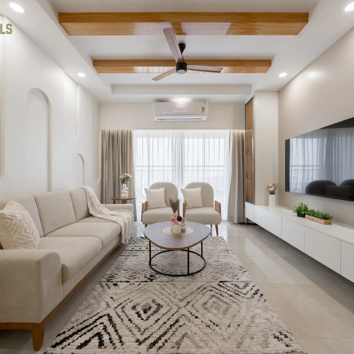 beige scandinavian living room with wood — real Indian home