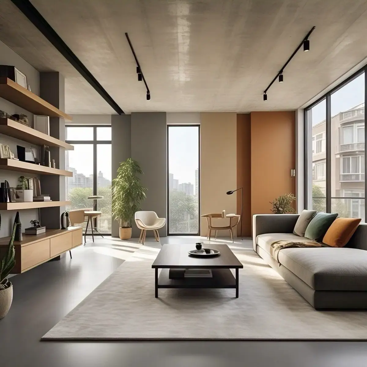 earthy modern minimalist living room with pop — real Indian home
