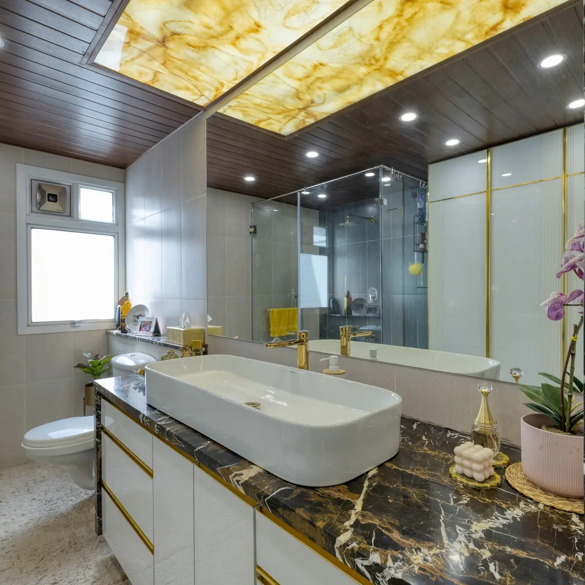 jewel tone luxury bathroom with vanity — real Indian home