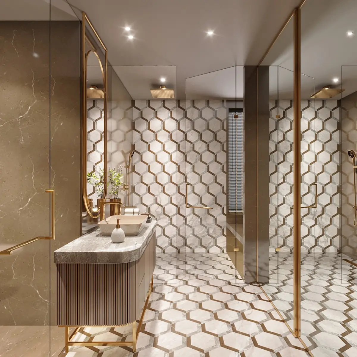 beige luxury bathroom with vanity — real Indian home