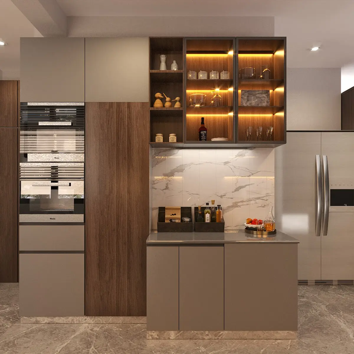beige modern minimalist kitchen with layout — real Indian home