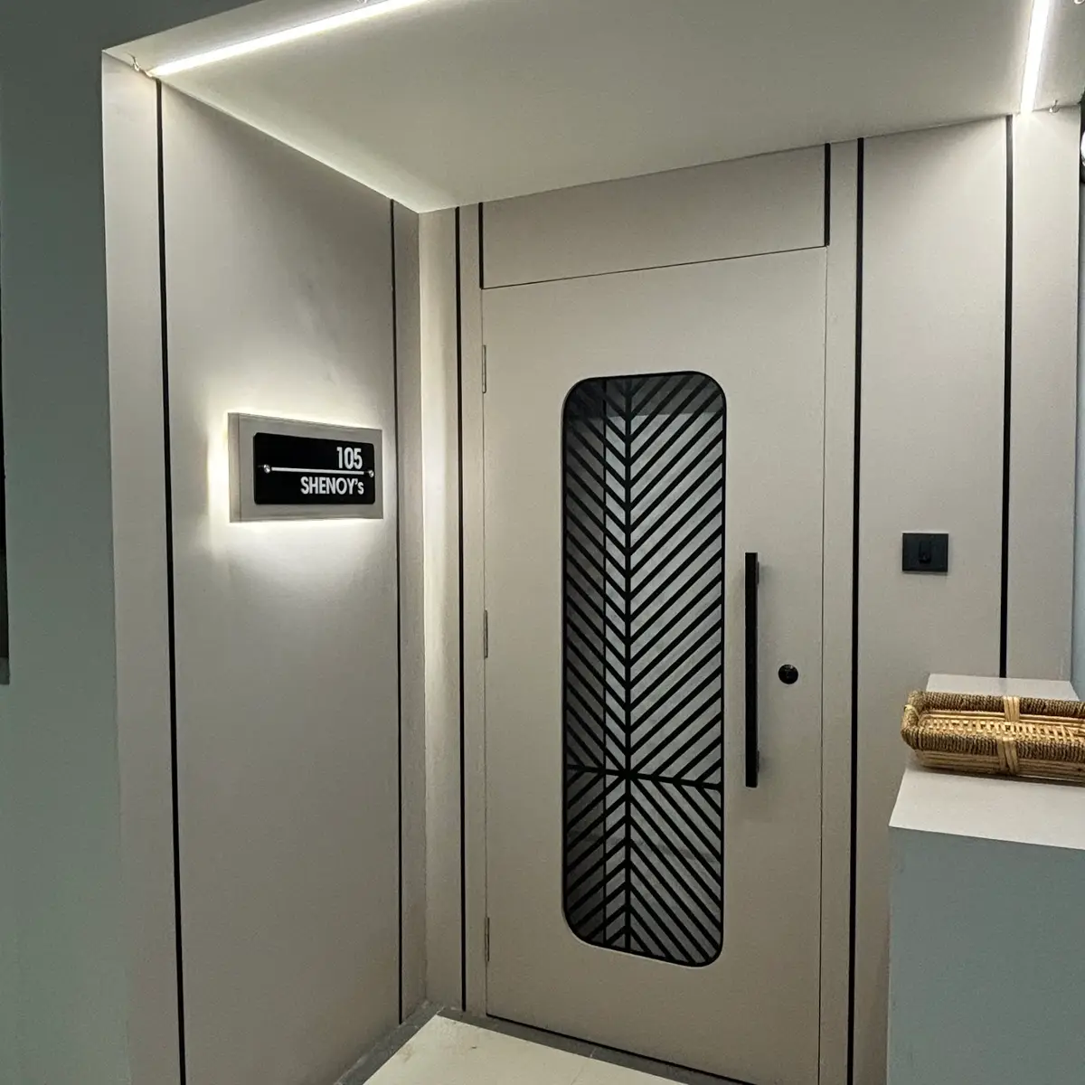 black and white modern minimalist entrance foyer with main — real Indian home