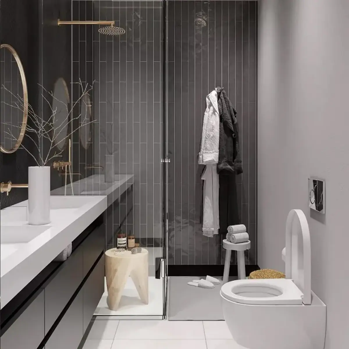 black and white modern minimalist bathroom with vanity — real Indian home
