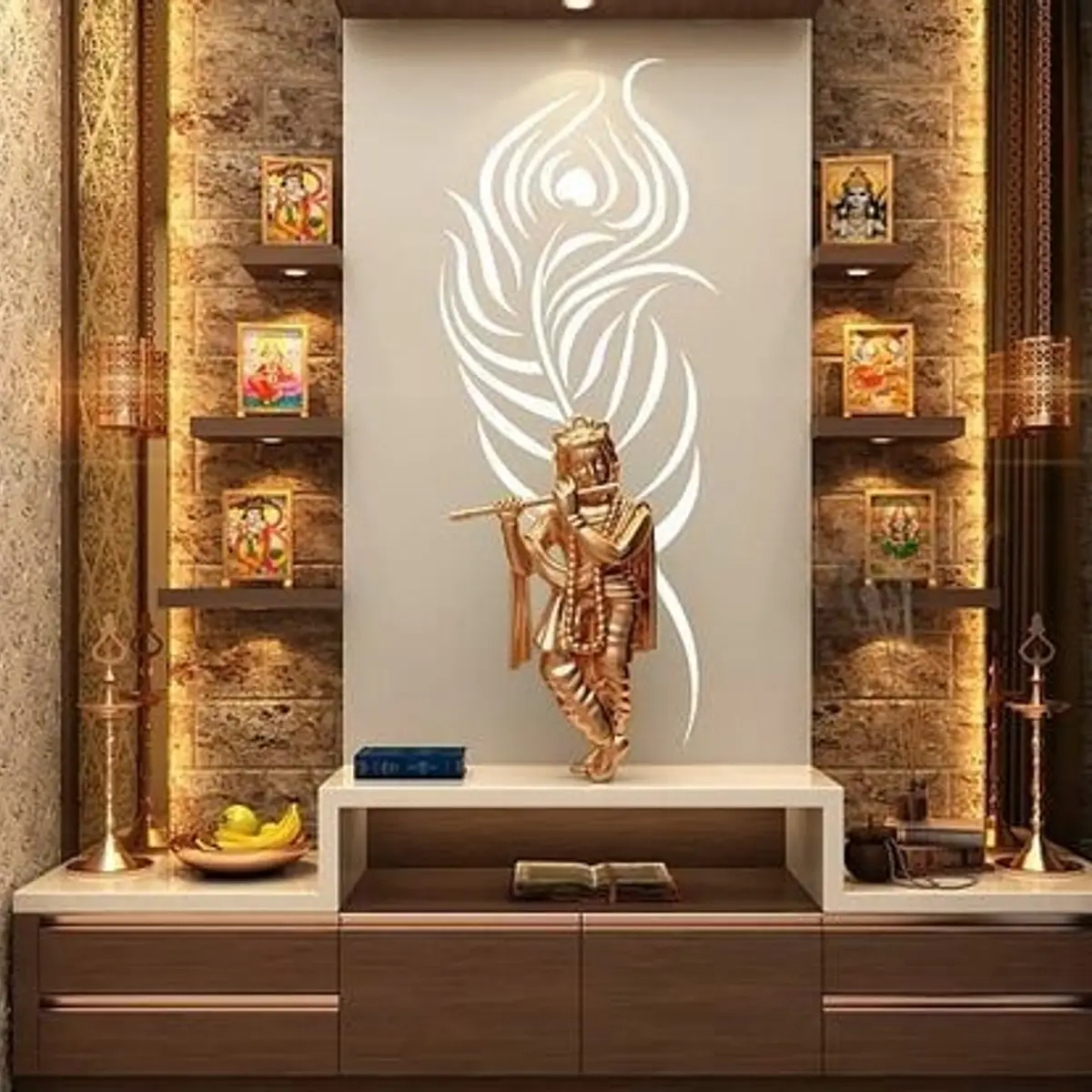 beige modern indian pooja room with pooja — real Indian home