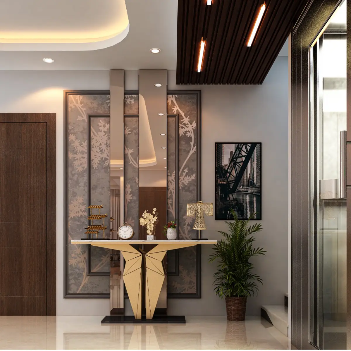 jewel tone luxury entrance foyer with wood — real Indian home