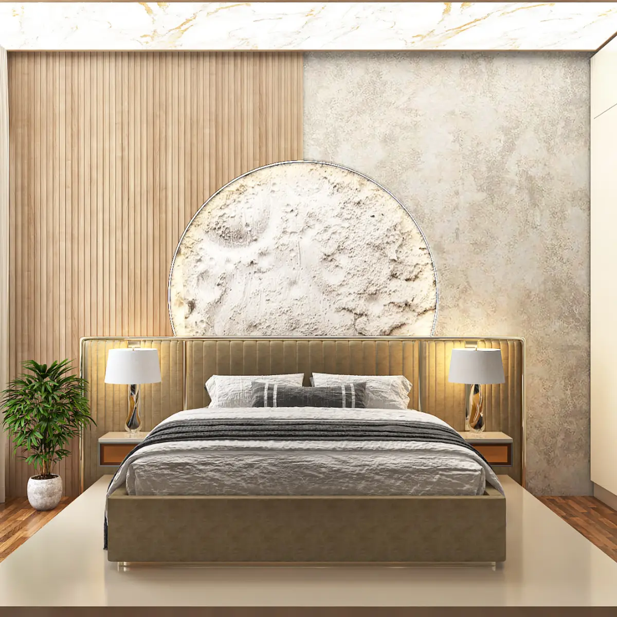 beige luxury master bedroom with panelling — real Indian home