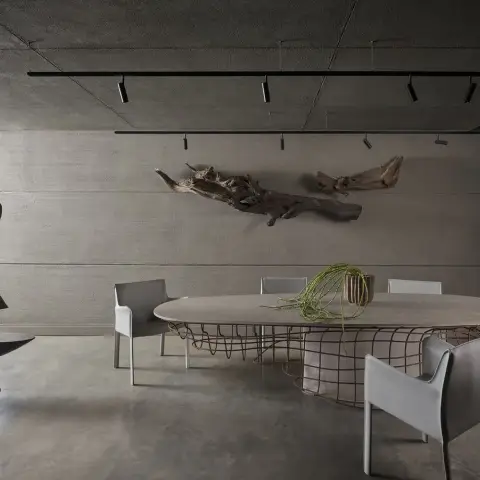 black and white industrial dining room with texture — real Indian home