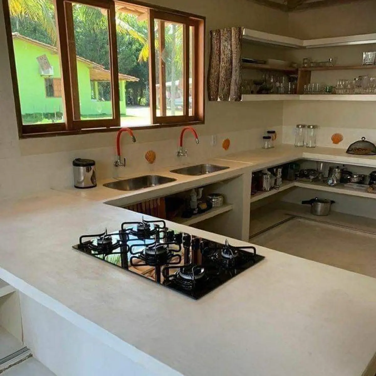 beige boho kitchen with counter — real Indian home