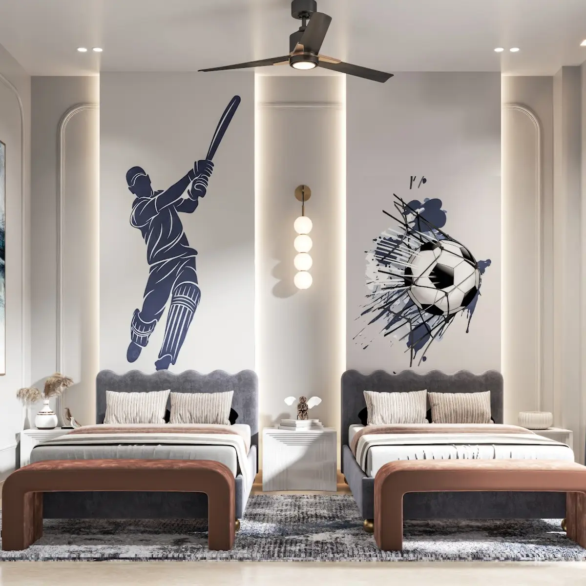 grey modern minimalist kids bedroom with moulding — real Indian home