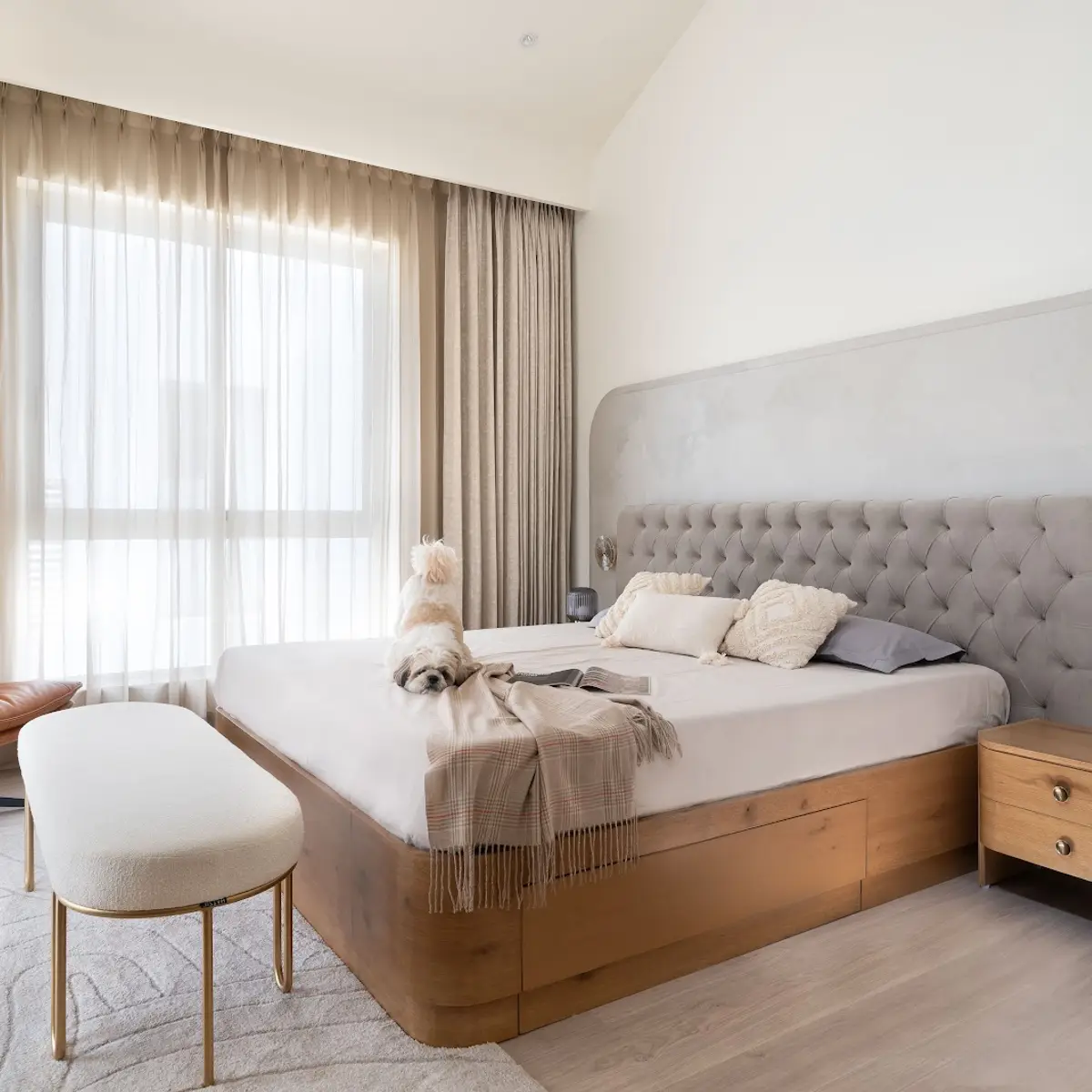 beige modern minimalist master bedroom with texture — real Indian home