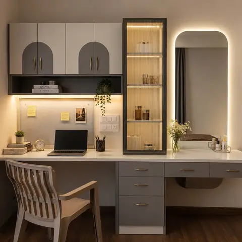 beige modern minimalist study room with study — real Indian home