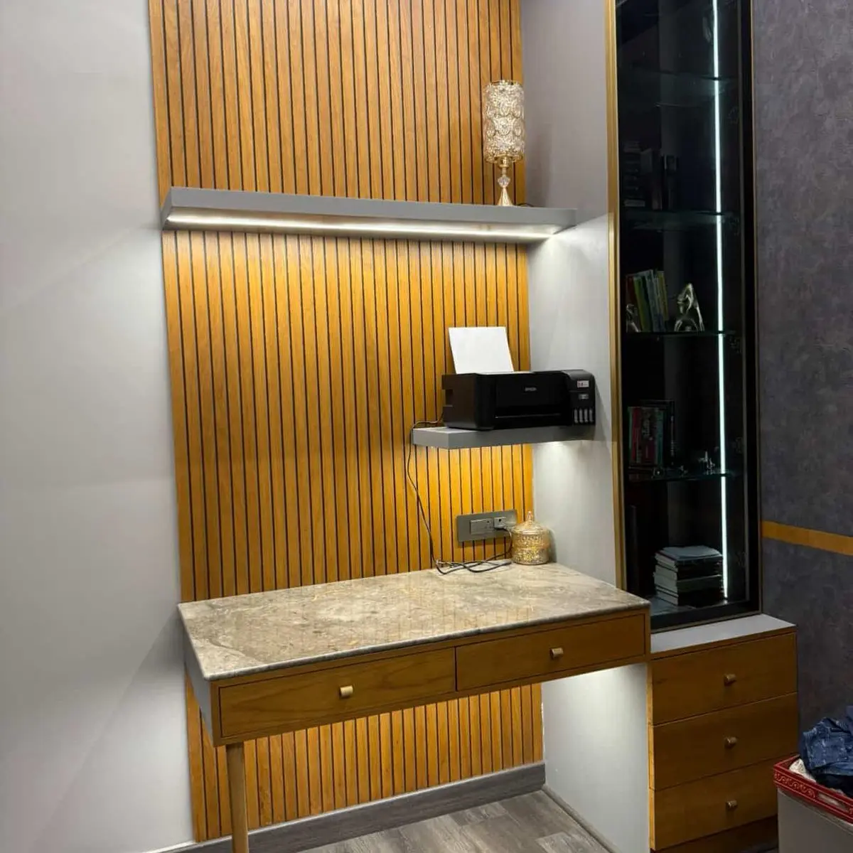 beige modern indian study room with panelling — real Indian home