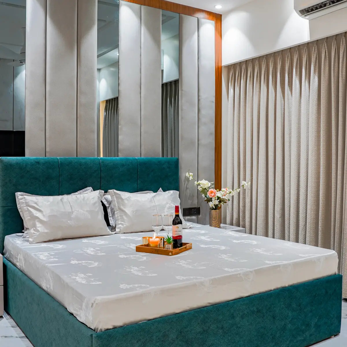jewel tone modern indian master bedroom with panelling — real Indian home