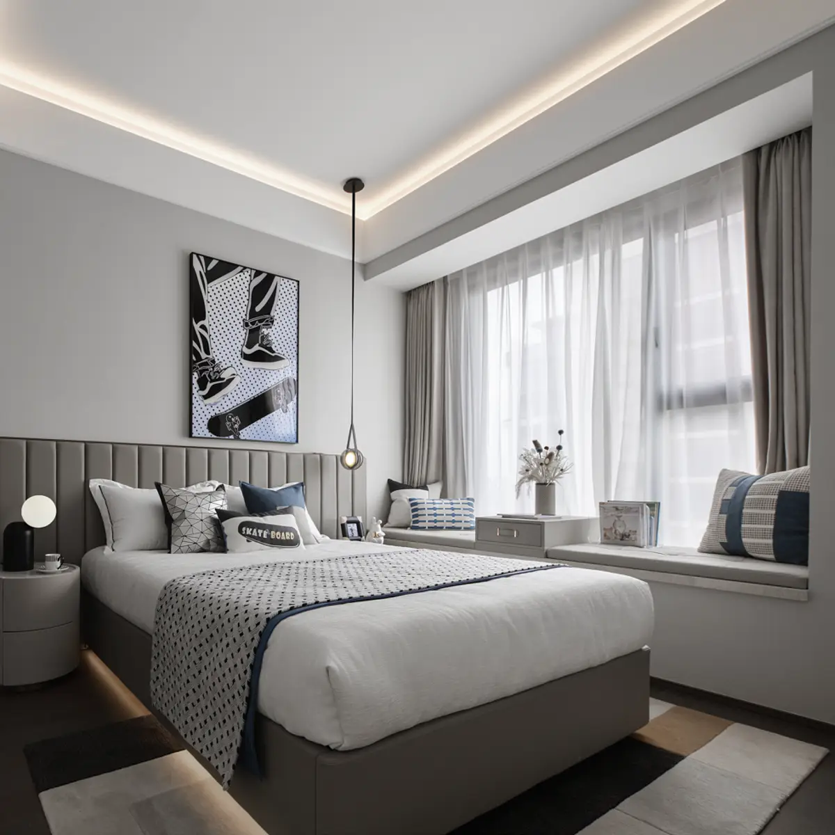 grey modern minimalist kids bedroom with cove — real Indian home
