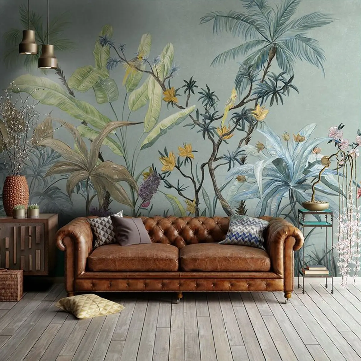 earthy traditional living room with wallpaper — real Indian home