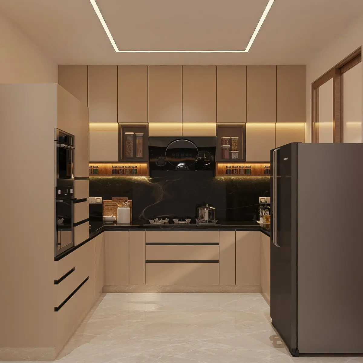 beige modern indian kitchen with layout — real Indian home