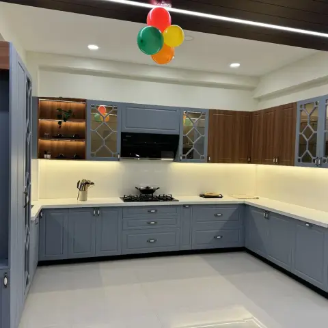 grey traditional kitchen with layout — real Indian home