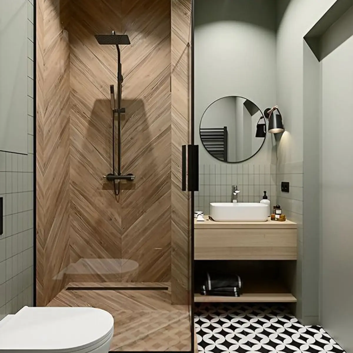 earthy modern minimalist bathroom with shower — real Indian home