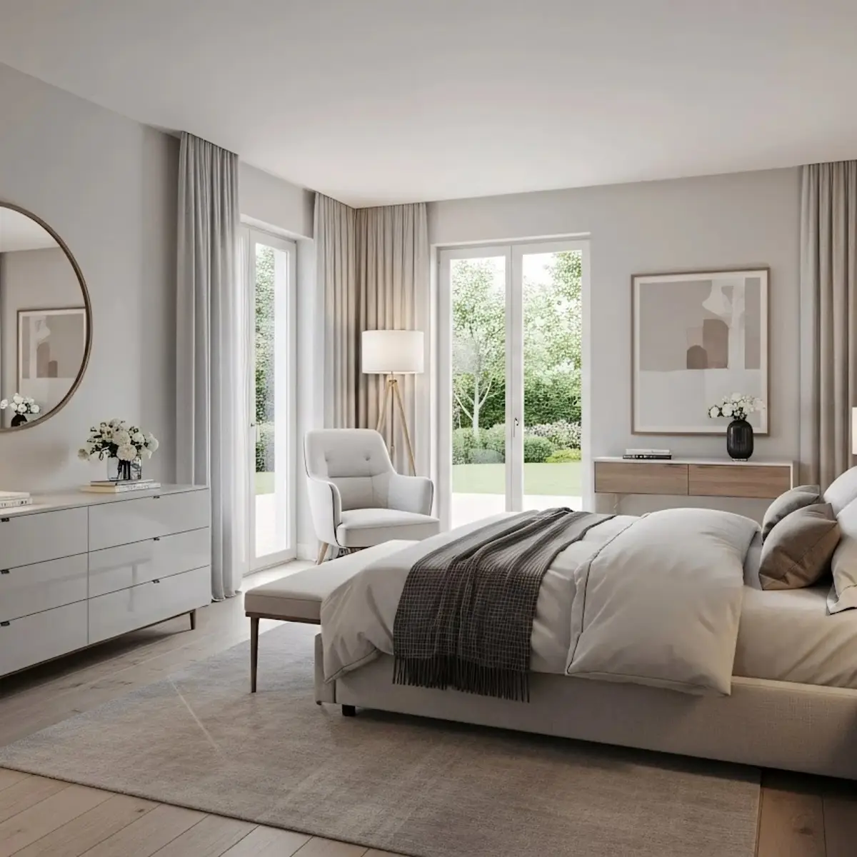 beige modern minimalist master bedroom with panelling — real Indian home