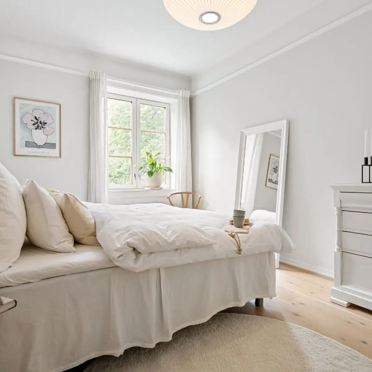 beige scandinavian master bedroom with pendant — real Indian home