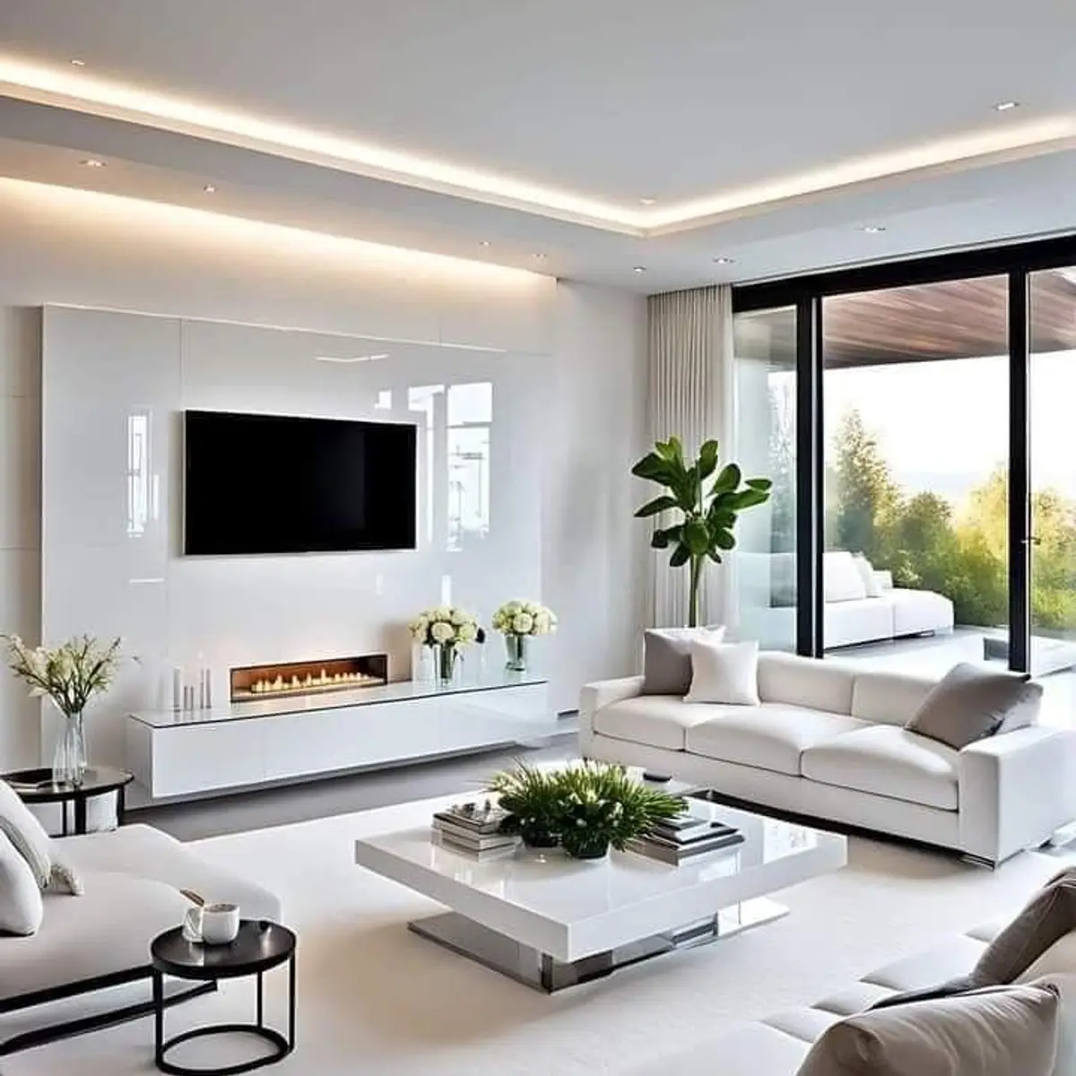 black and white modern minimalist living room with cove — real Indian home