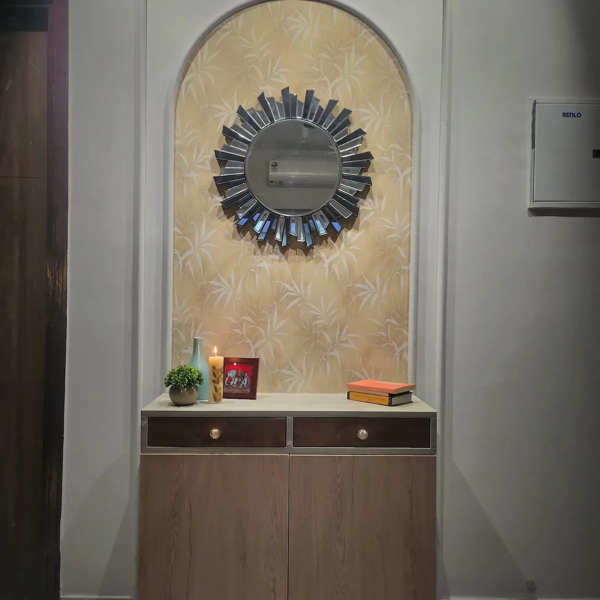 beige modern indian entrance foyer with wallpaper — real Indian home