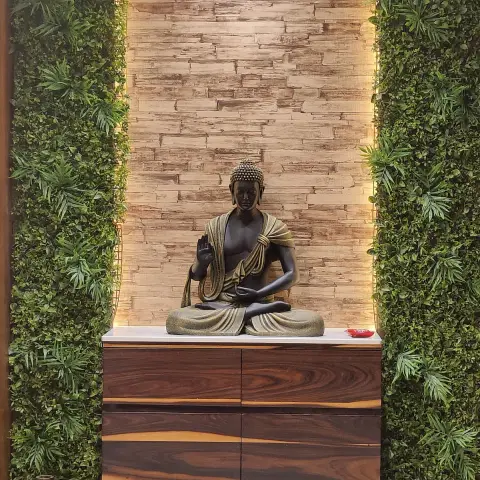 earthy boho entrance foyer with cladding — real Indian home