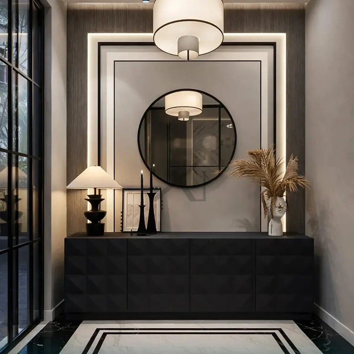 black and white modern minimalist entrance foyer with console — real Indian home