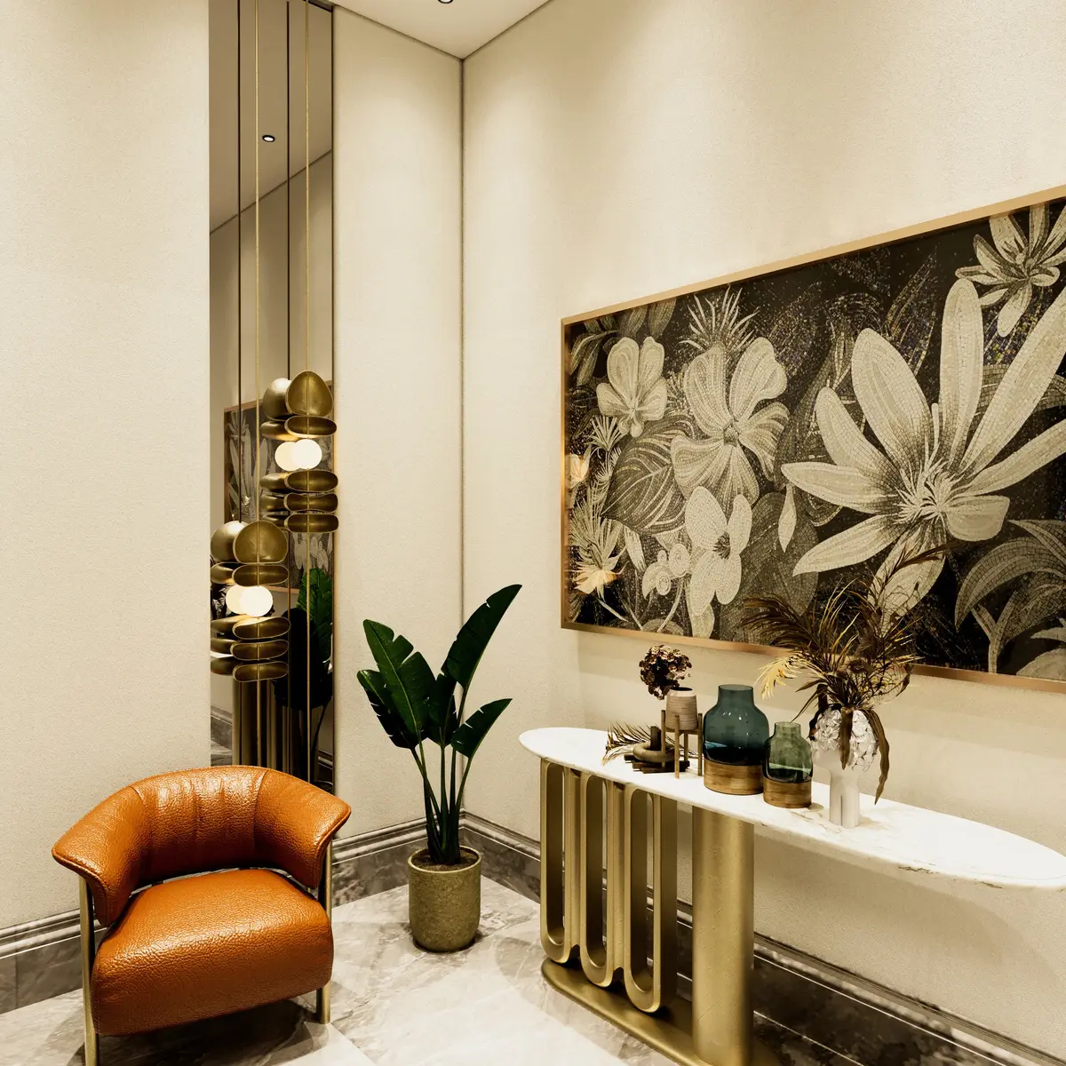 jewel tone luxury entrance foyer with console — real Indian home