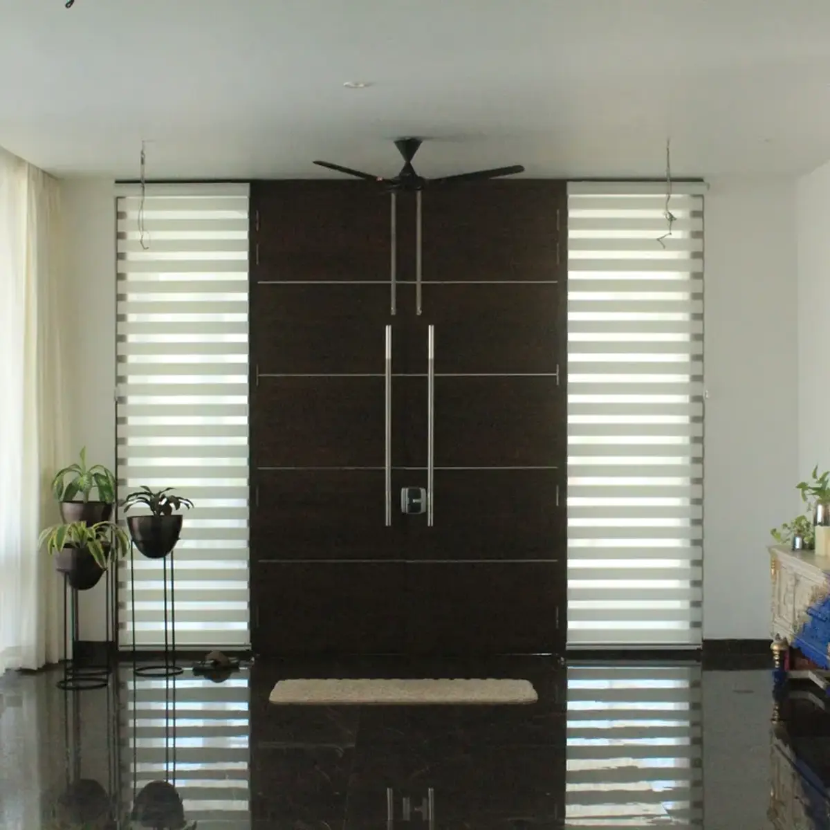 black and white modern minimalist entrance foyer with main — real Indian home