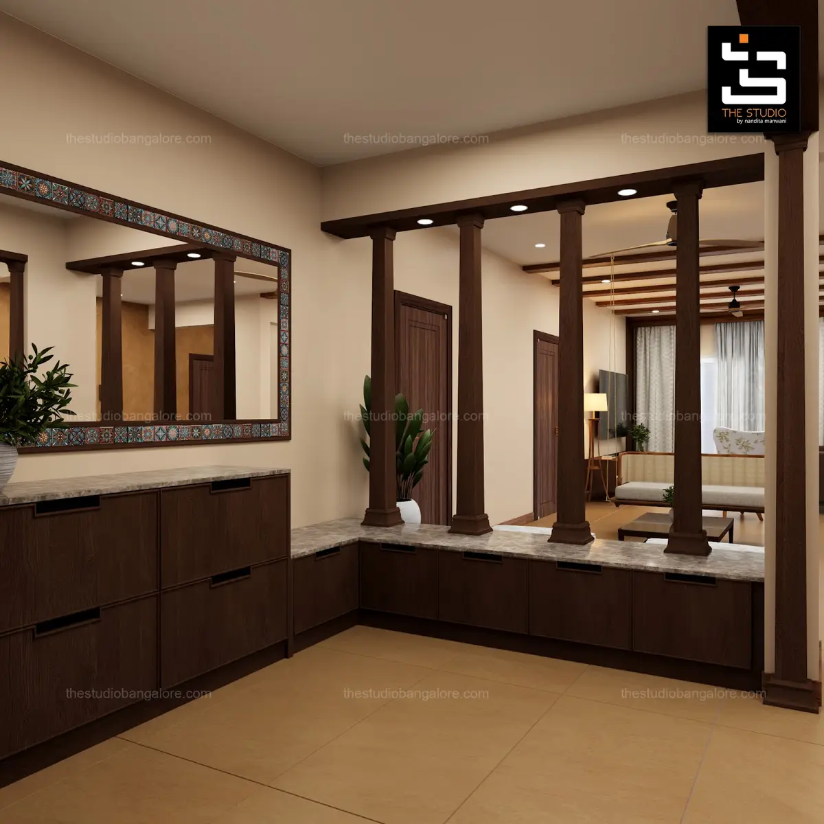 beige traditional entrance foyer with mirror — real Indian home