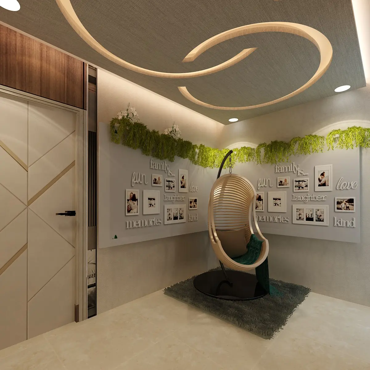 grey entrance foyer with cove — real Indian home