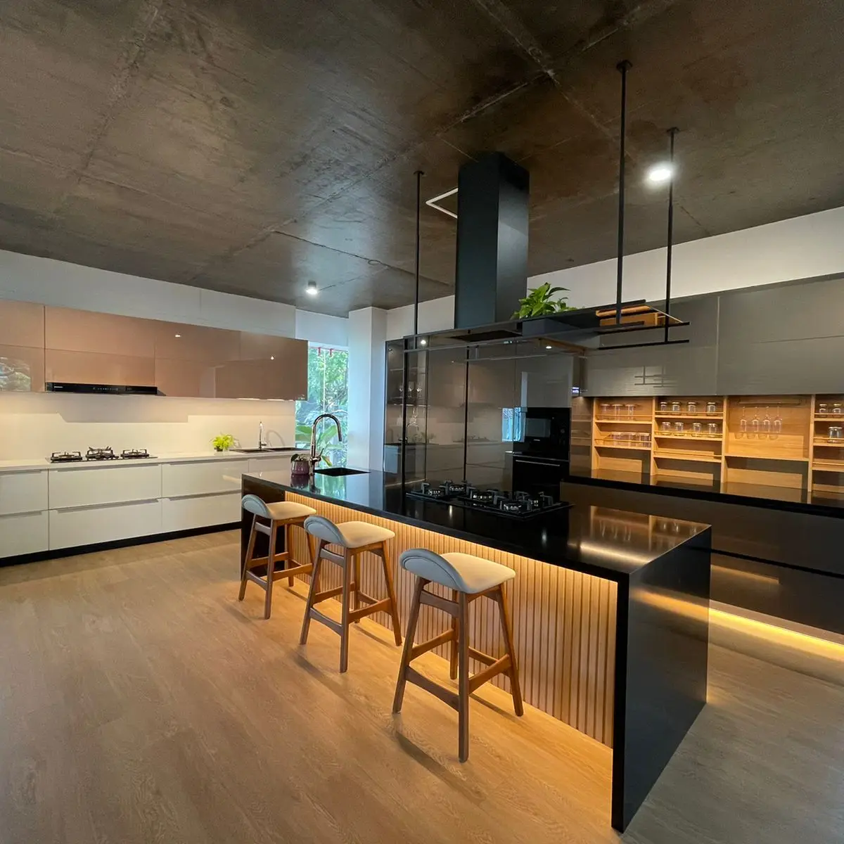 black and white industrial kitchen with layout — real Indian home
