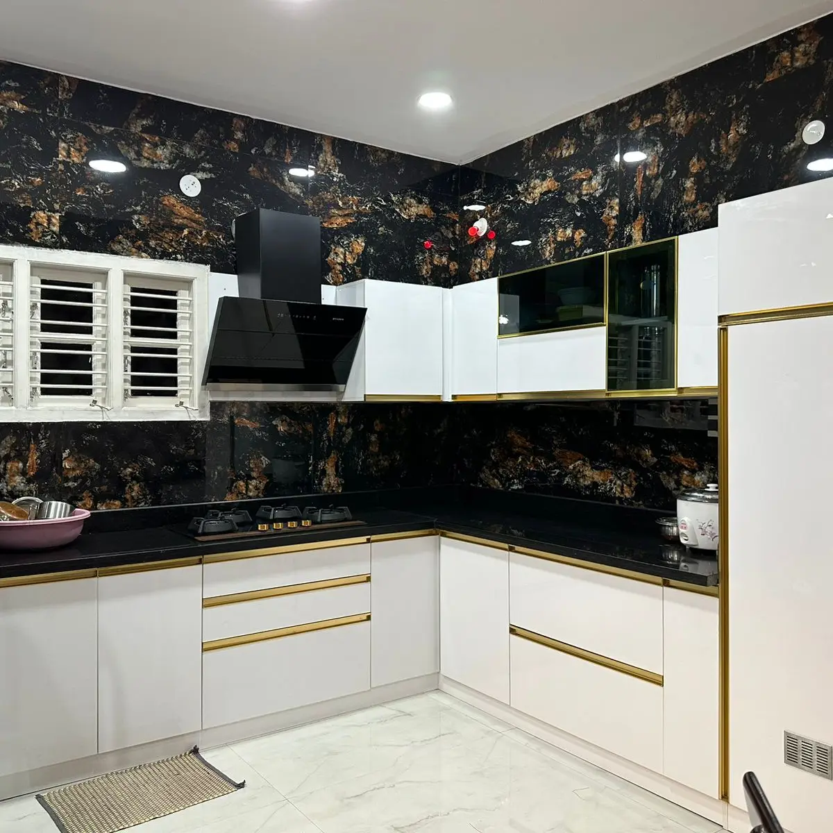 black and white modern indian kitchen with layout — real Indian home