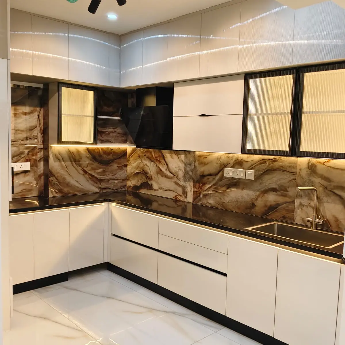 earthy modern minimalist kitchen with shutter — real Indian home