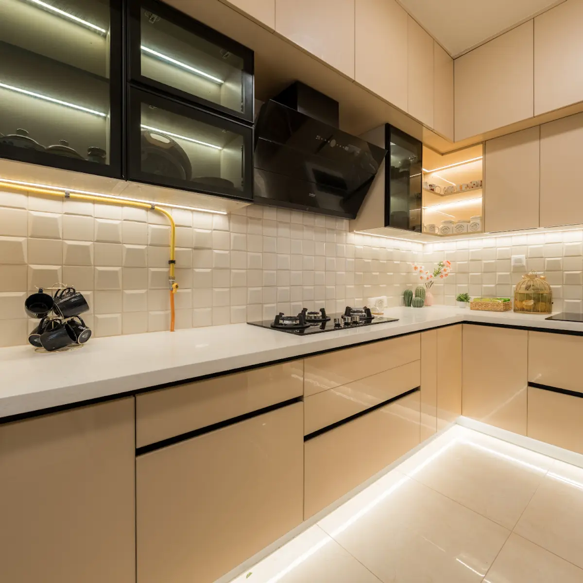 beige modern minimalist kitchen with layout — real Indian home