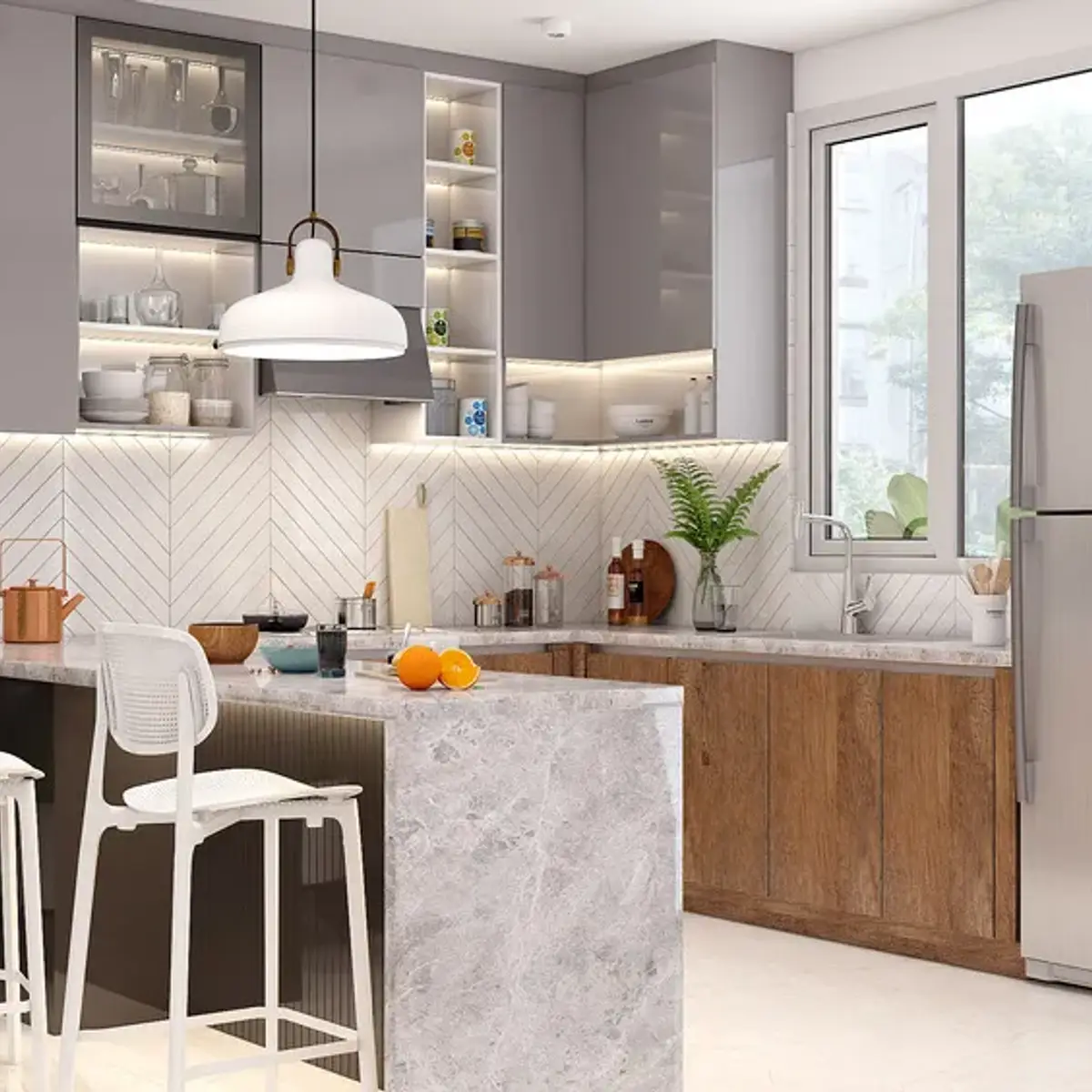 beige scandinavian kitchen with layout — real Indian home