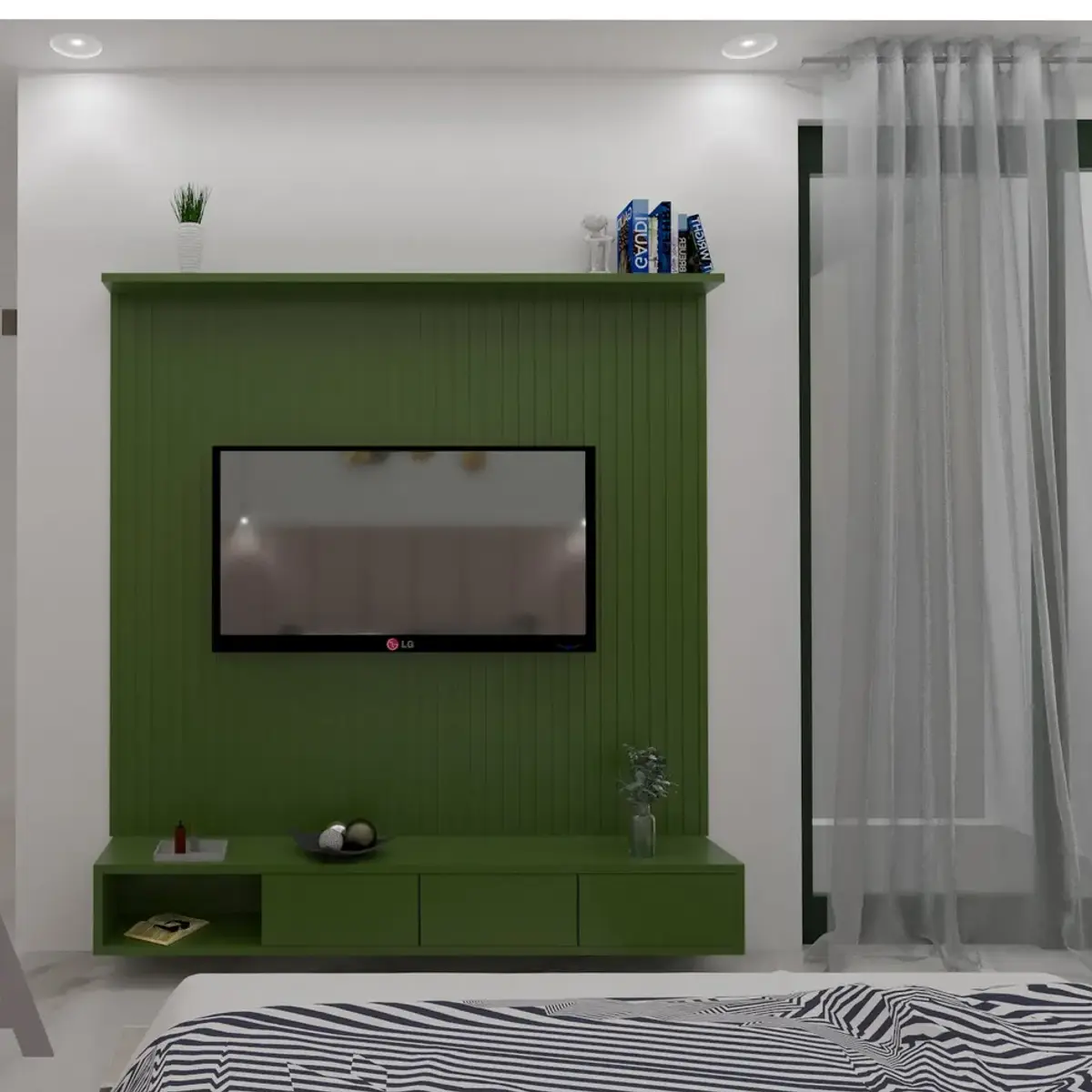 bold colour modern minimalist master bedroom with tv unit — real Indian home